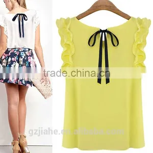 Plus Size Ladies Blouses 2015 New Summer Women Blouse O-Neck Lotus Leaf Casual Shirt Women Clothing Lacing Bow Chiffon Blouse thumbnail-1