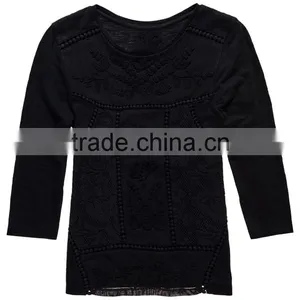 China Supplier Shandao Latest Model Good Quality Autumn Casual 3/4 Sleeve Round Neck Black Embroidered Cotton Tops For Women thumbnail-4