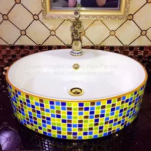Yellow Ceramic Hand Wash Basin Square Single Hole Tabletop Bathroom Wash Basin Sink With Hand Paint Fancy Design thumbnail-4
