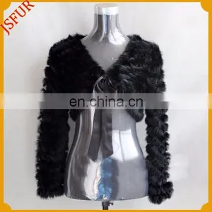 Real Rabbit Fur Knit Jacket Ribbon Bowknot Trim V-nick Long Sleeve Knitted Rabbit Fur Shawl and Cape thumbnail-2