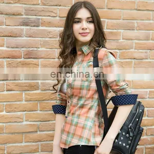 2017 Latest Design 100% Cotton Beautiful Mixedcolor Plaid t Shirt Blouse for Young Women thumbnail-6