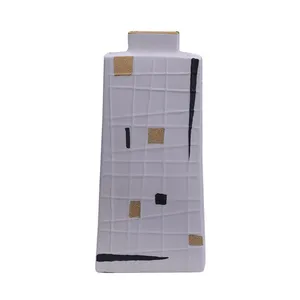 Geometric Pattern Gild Creative Unique White Square Flat Ceramic Flower Vase For Living Room thumbnail-5