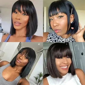180 Density Full Machine Wigs Highlight Brown Colored Bone Straight Human Hair Bob Wigs 4 27 Human Hair With Bangs For Women thumbnail-4