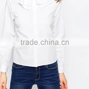 2016 Summer Long Sleeve Ladies Ruffle Neck White Shirt thumbnail-3