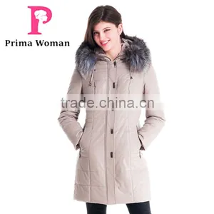 Winter Women Leather Medium Length Slim Fit Coat With Brown Fox Hat Overcoat thumbnail-2