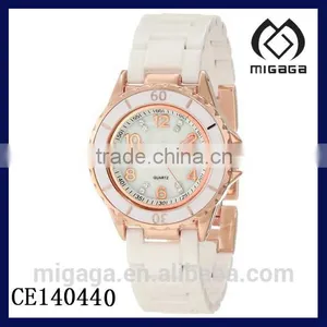 Gold Plating Case Enamel Bezel White Ceramic Quartz Watch thumbnail-1