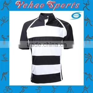 OEM Custom Short Sleeve Plain Striped Rugby Shirts in Black and White thumbnail-1