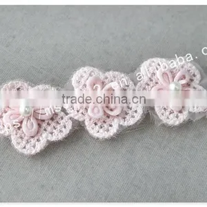 Beautiful 3 cm Handmade 3D Pink Pearl Flowers Crochet Lace Trims thumbnail-5