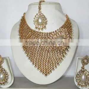 Polki Gold Tone Pearl Bollywood Necklace EARRING Set Bridal thumbnail-4