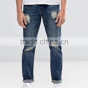 Washed Ripped Regular Rise Straight Slim 100% Cotton Men Jean Trousers thumbnail-1
