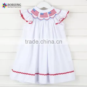 2017 White Summer Baby Short Sleeve Stars and Stripes Smocked Dress Children Frocks Designs for Kids Clothing thumbnail-1