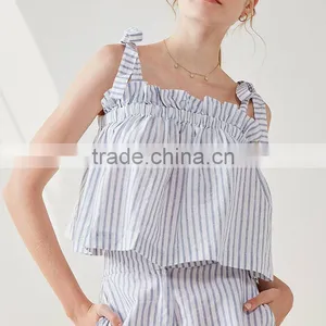 Two Piece Tie Shoulder Casual Women Linen Tank Top and Shorts Clothing Set thumbnail-6