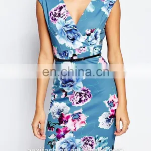 Hot Sale V-neckline Floral Print Pencil Dresses for Women Knee Length Evening Dress thumbnail-5