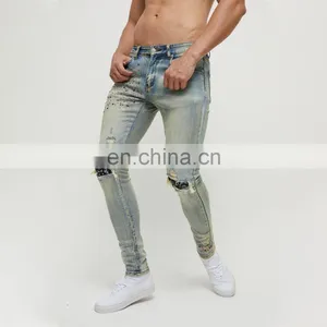 DiZNEW Denim Jeans Manufacturer Custom Hand Rhinestone Bandana Patch Distressed Jeans Man thumbnail-5