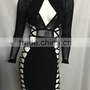 Summer Dress 2016 New Women Sey Black Mesh Long Sleeve Keyhole Evening Party Bandage Dress Bandage Bodycon Women Wearing thumbnail-2