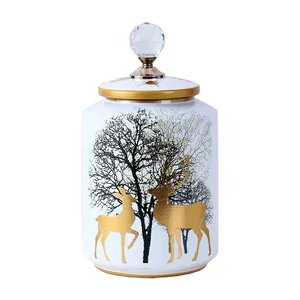 European Simple Style Deer and Tree Gilded Painting Ceramic Flowers Vases With a Crystal Lid For Office thumbnail-1