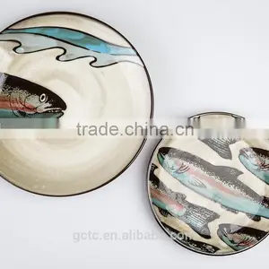 16-piece Reactive Glaze Stoneware Dinnerware Set With American Sea World Hand Printing thumbnail-3