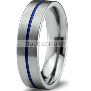 Tungsten Wedding Band Ring 6mm for Men Women Blue Silver Flat Pipe Cut Brushed Polished Rings thumbnail-1