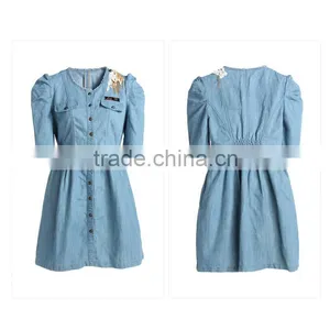 2015 Fashion High Quality Latest Designs Woman Half Sleeve Denim Halter Dress /denim and Lace Dress /prom Dress thumbnail-2