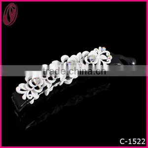Hot Sale Matte White Metal Rhinestone Flower Banana Hair Clips thumbnail-1