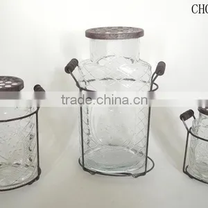 Unique Oval Glass Vases With Hole Lid and Metal Stand thumbnail-1