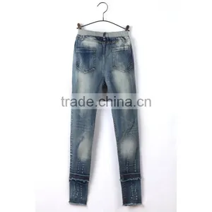 Cheap New Style Fray Hem Comfortable Light Blue Lace Stitched Slim Fit New Design Jeans for Girls thumbnail-2