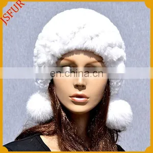 Genuine Rabbit Fur Hat With Bobble Pom Pom Fur Hat Women thumbnail-3