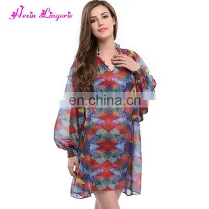 Women Cheap Sexy Printed Red Long Sleeve V-Neck Summer Beach Dress thumbnail-2