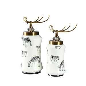 Chinese New Style Creative Household Decoration Modern Animal Painting Ceramic Flower Storage Vase As Table Lidded Jar thumbnail-1