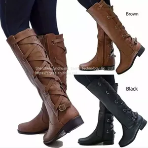 Women Fashion Winter Low Heel Belt Buckle Riding Leather Boots Knee High Cowboy Boots thumbnail-1