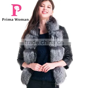2015 Winter Fashion Leather Short Women Jacket With Silver Fox Collar Detachable Cuffs Overcoat thumbnail-3