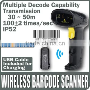 Reader POS Cordless Rechargeable 30~50m 2.4GHz Laser USB Wireless Barcode Scanner thumbnail-1