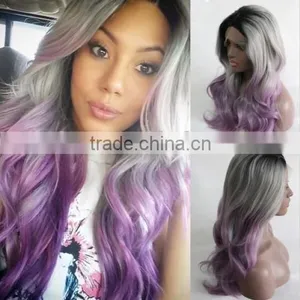 Heat Resistant Lace Front Wig Synthetic Body Wavy Ombre Color 1B Gray Lavender thumbnail-1