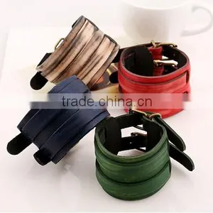 Top Quality Men's Biker Simple Stainless Steel Black Leather Bracelet thumbnail-5
