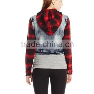 RECHEEL Ladies Junior's Denim Jacket With Plaid Sleeves thumbnail-2