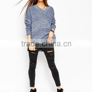 Ladies Blue Knit Sweater Knitting Pattern Free V Neck Chunky Tunic Thin Sweater thumbnail-1
