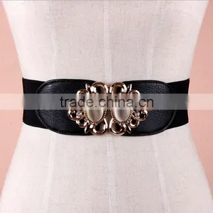 Wholesale Opal Stone Inlaid Flower Pattern Alloy Buckle Sex Women Lady Wide PU Waist Belt thumbnail-1