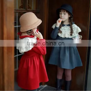 Lace Neck Children Fashion Dress for Sweat Girl Pure Color Frock Model for Children Girl thumbnail-1