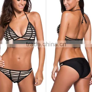 M1156 Runwaylover 2016 Ladies V-neck Stripe Split Swimsuit Bikini thumbnail-5