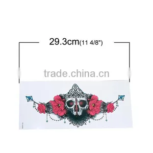 Paper Removable Waterproof Temporary Sternum Tattoo Sticker Body Art Red Rose Flower Pattern Skeleton Skull Temporary Tattoo thumbnail-2