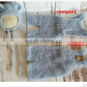 Newborn Mohair Bonnet and Romper Sets Handmade Knitted Overall Handmade Knitted Baby Bear Bonnet Newborn Hoodeed Knit Romper thumbnail-1