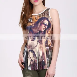Newest Fashion Sleeveless Shirt With Tassels Sexy Printed Tank Top thumbnail-3