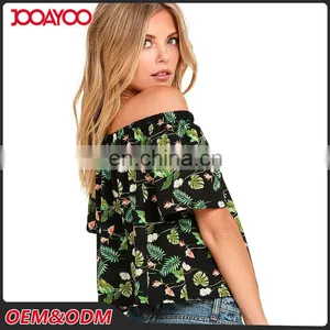New Fashion Ruffle Floral Print Off The Shoulder Short Sleeves Chiffon Top Latest Long Tops Designs Girls thumbnail-3