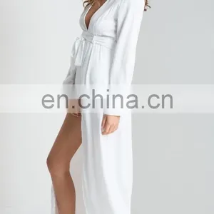 White Long Sleeve Plunge Adult Romper Pattern Summer Maxi Playsuit thumbnail-4
