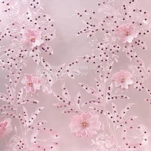 Dot Com Pink Pearls Tulle Lace Fabrics 3d Flowers Embroidery Designs African French Lace thumbnail-1