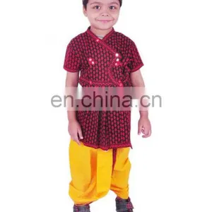 Rajasthani Dress Boy's Dhoti Kurta & Turban, Indian Traditional, Ethnic, Handmade, Yellow Angrakha Set, Kedia Dress Cotton thumbnail-3