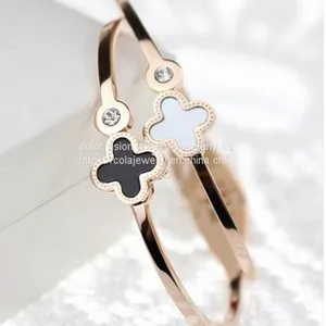 Clover Open Customized Engraved Cuff Bracelet Stainless Steel Bangle thumbnail-4