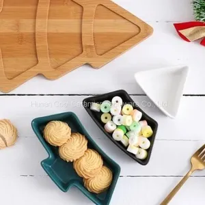 Colorful Christmas Tree Shape Plate Ceramic Plate With Bamboo Tray for Fruit and Candy thumbnail-2