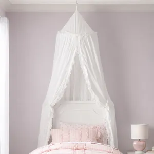 Kids Bed Canopy With Ruffles, Pastel Neutral Color for Boys & Girls, Frilled Cotton Tent Nursery Room Baby Crib Hanging Curtain Mosquito Netting thumbnail-1