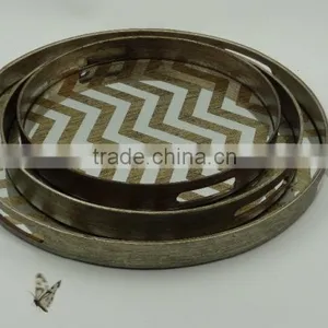 Decorative Anqitue Painted Round Wooden Mirror Tray thumbnail-1